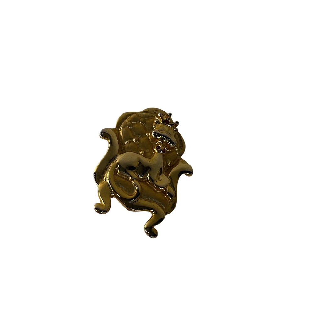 Vintage Gold Tone Cat on Chair Brooch Red Rhinestone Eyes Feline Pin